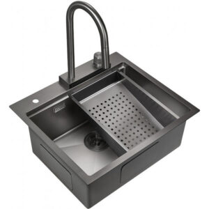 Мойка для кухни Milacio Denia 57 Steel MC.77409 в комплекте со смесителем и коландером воронёная сталь
