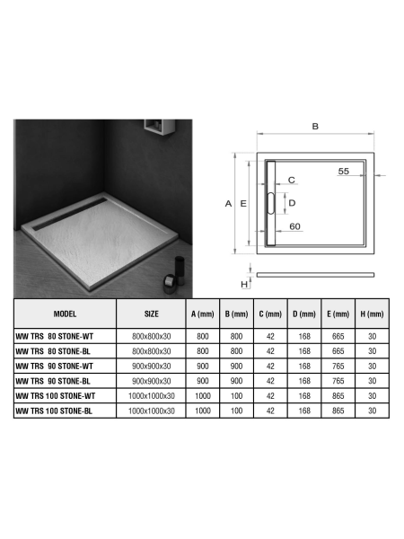 WeltWasser Душевой поддон с сифоном WW TRS 90 STONE-BL 10000004412 черный матовый — изображение 9